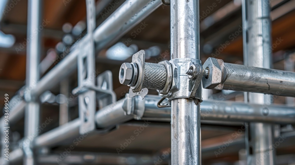 Detailed image of metal scaffolding joints and clamps, highlighting the structural support system Detailed image of metal scaffolding joints and clamps, highlighting the structural support system