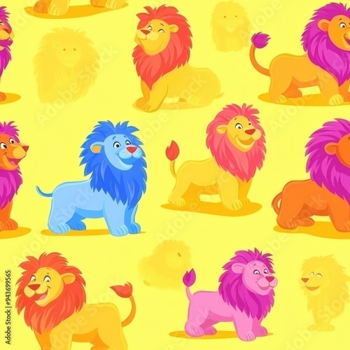 Wallpaper Mural A colorful pattern featuring various cartoon lions on a yellow background. Torontodigital.ca