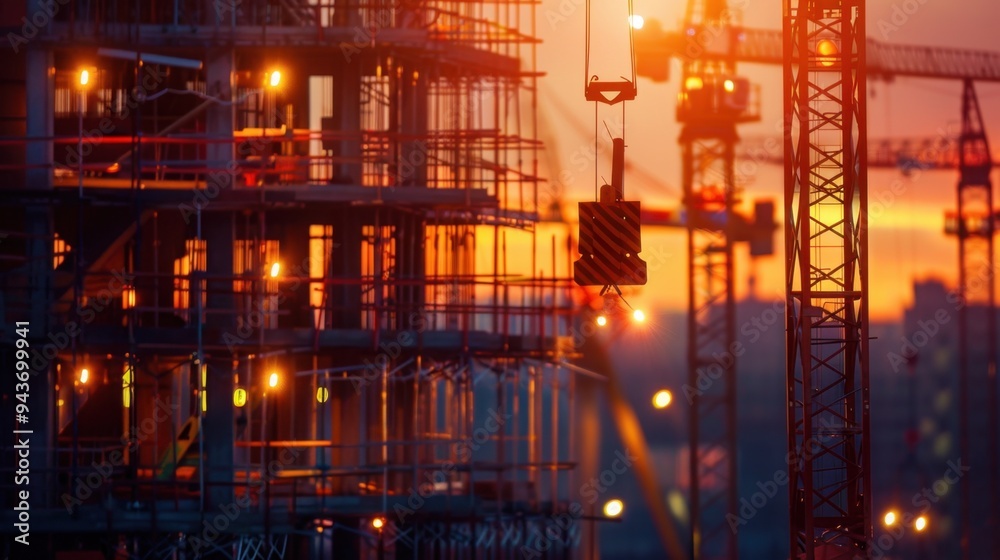 Detailed shot of a construction site at dusk, with lights illuminating the ongoing work Detailed shot of a construction site at dusk, with lights illuminating the ongoing work