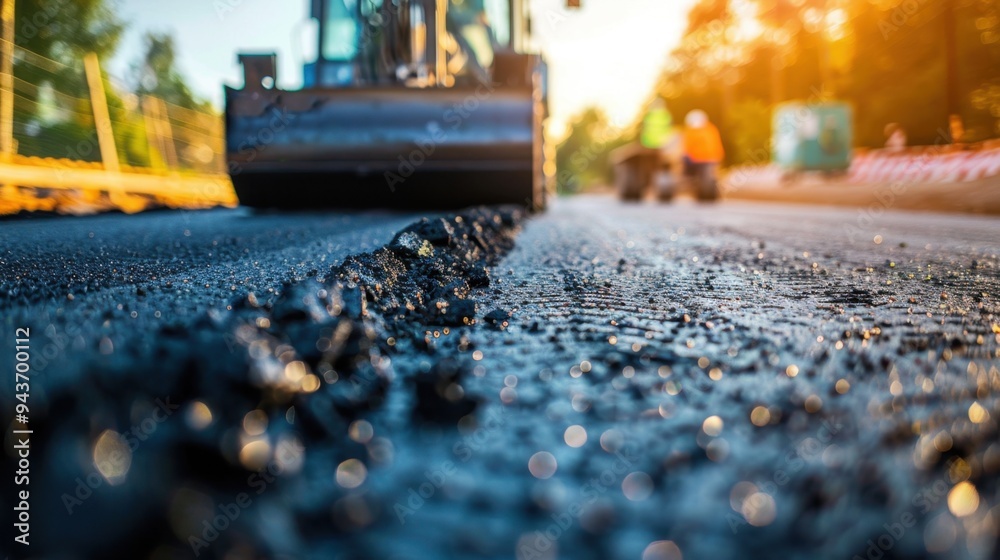 Detailed shot of a road construction site with paving machinery and freshly laid asphalt Detailed shot of a road construction site with paving machinery and freshly laid asphalt