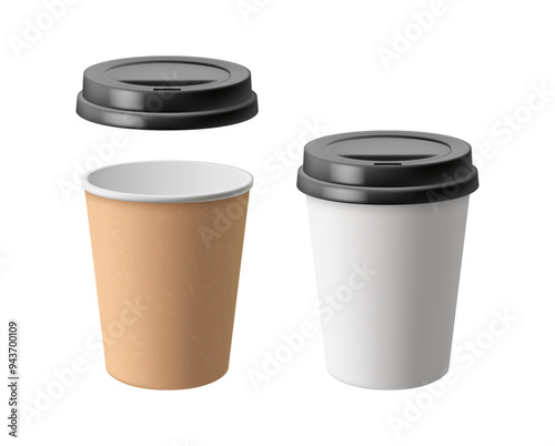 Plastic or paper mug for coffee and tea, warm beverage and drink. Vector realistic mockup ecologically friendly cup with lid for keeping liquid hot. Takeaway order from shop or restaurant