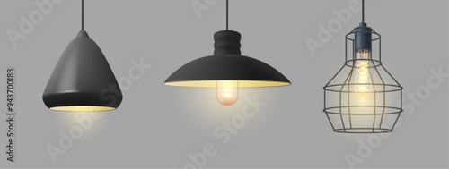 Lamp glowing realistic electric equipment, hanging lamps with metal net, vintage room decoration. Vector illustration of ceiling lamps, living rooms lighting equipment, glowing objects