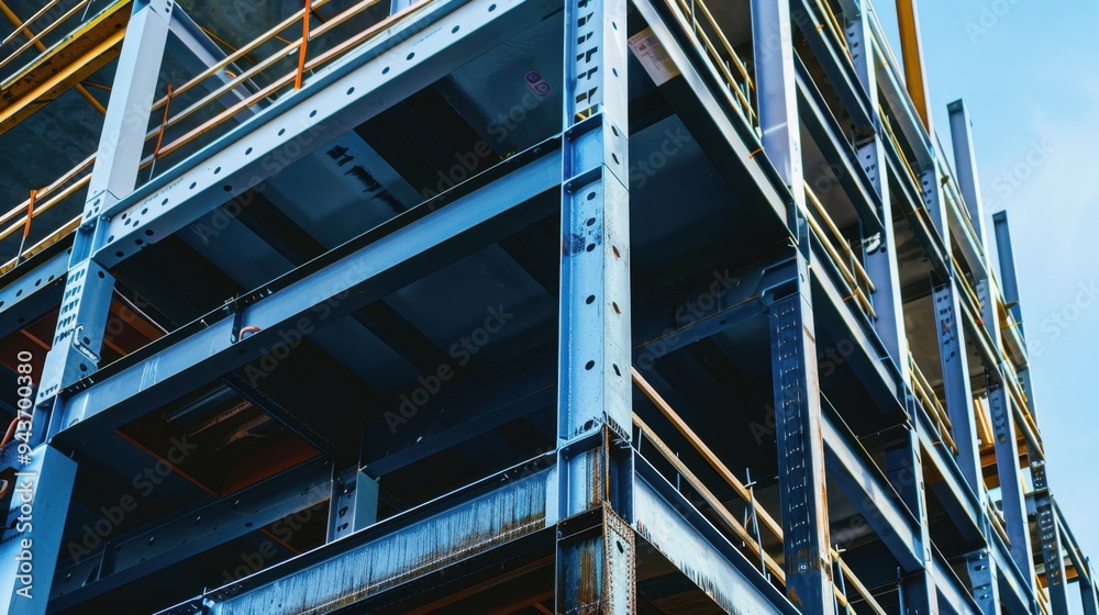 Obraz premium Detailed shot of structural steel beams being assembled on a high-rise building, representing civil engineering precision