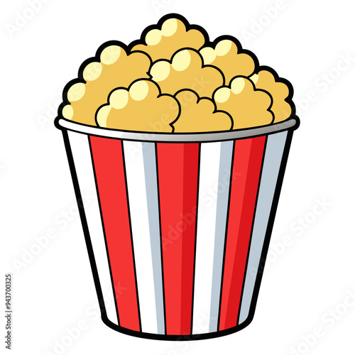 A striped bucket filled with delicious popcorn set on a white background