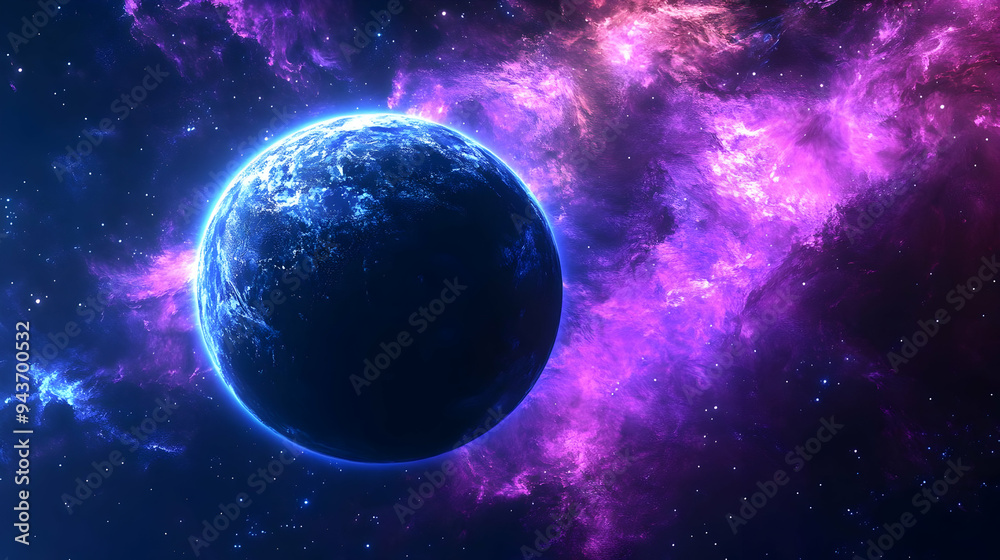 Naklejka premium A lone planet glows blue against a backdrop of a purple nebula.