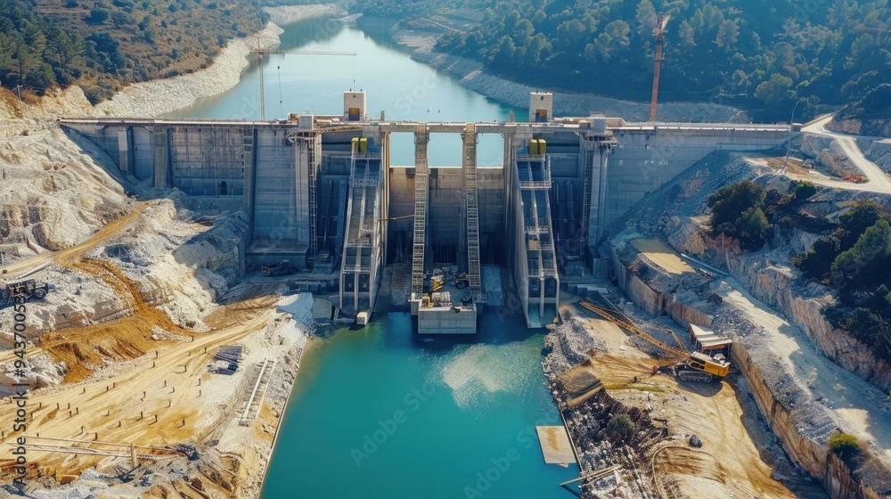 Obraz premium Detailed view of a dam under construction, with concrete structures and water management systems in place