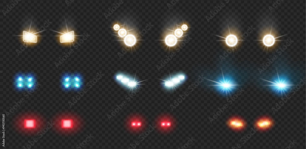 Automotive led lights flares with realistic effect. Vector isolated set of headlights bars front rear car views glowing in darkness. Spotlight from headlamp from transport in night time