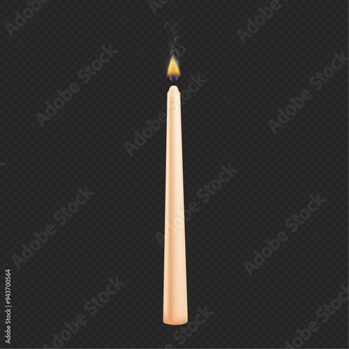 Taper wax or paraffin candle with burning flame on wick and smoke isolated on transparent background. Vector candlelight illumination or realistic sparkle, fire and vapor