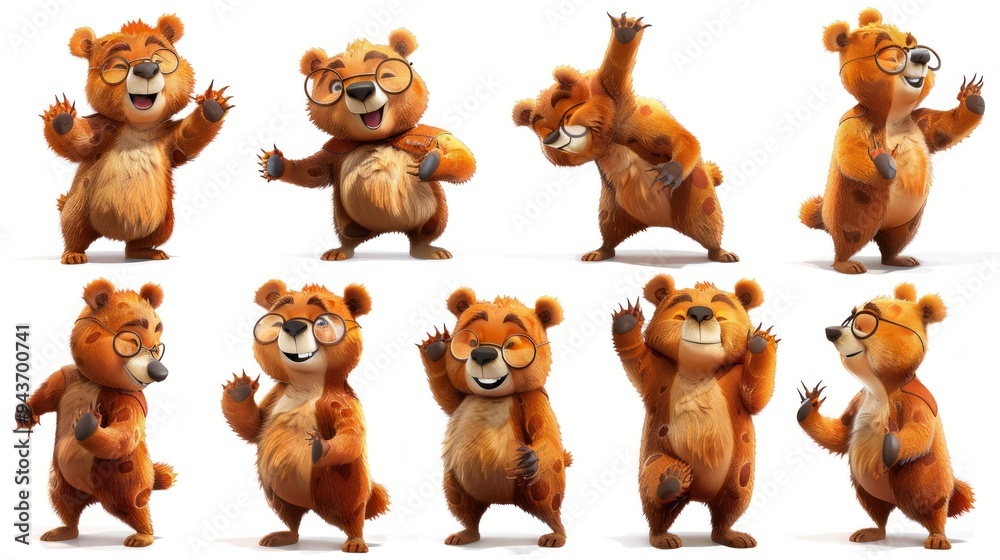 Fototapeta premium A collection of animated bear characters displaying various cheerful poses and expressions.