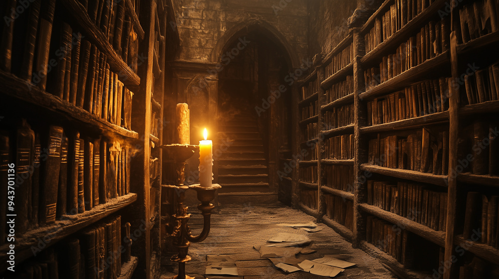 Candlelit Corridor in Ancient Library Candlelit Corridor in Ancient Library
