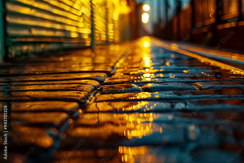 Wet Cobblestone Street Reflecting Warm Evening Lights Wet Cobblestone Street Reflecting Warm Evening Lights