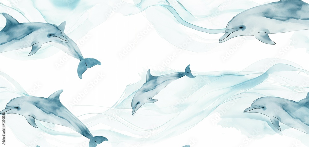 Minimalist pattern of dolphins and ocean waves in watercolor, calming and delicate
Minimalist pattern of dolphins and ocean waves in watercolor, calming and delicate