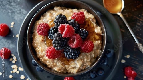 Flat lay of a bowl of oatmeal topped with fresh berries and honey on a black plate