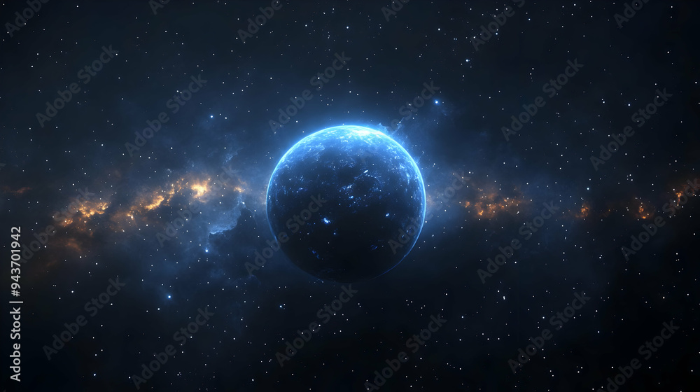 A lone planet in a vast expanse of space with twinkling stars and nebula. A lone planet in a vast expanse of space with twinkling stars and nebula.