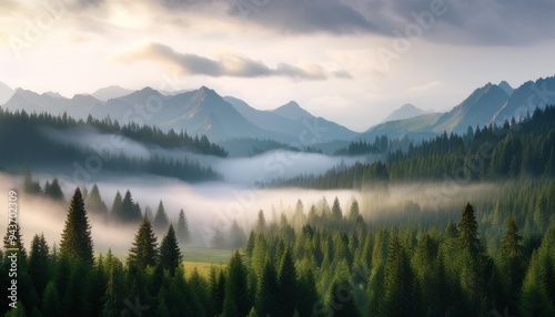 realistic illustration of mountains forest fog morning mystic