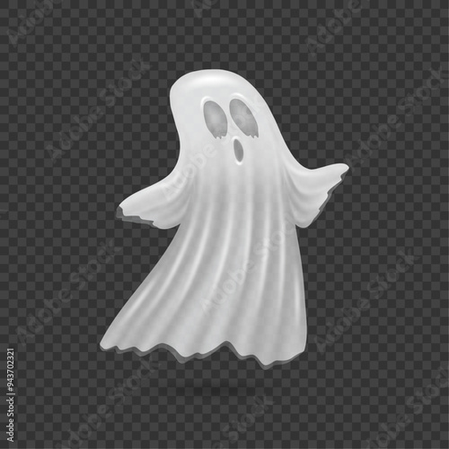 Apparition from haunted house. Vector Halloween ghost personage with spooky facial expression and big staring eyes. Spirit decoration or poltergeist on transparent background