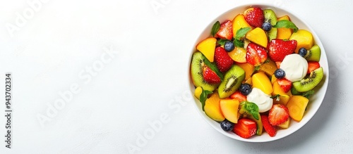 Fruit salad topped with honey yogurt dressing on a white background Selective focus copyspace