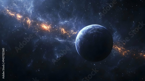 A lone planet in a vast, starry expanse with a bright, swirling nebula in the distance. photo