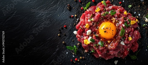 Fototapeta Naklejka Na Ścianę i Meble -  Tartare steak Raw beef chopped with spices herbs and egg yolk A fresh spicy delicious gourmet dish set against a dark background with copy space close up Top view