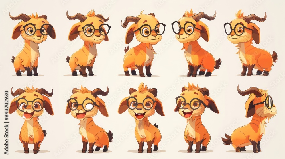 Naklejka premium A cute cartoon goat character with glasses in various poses and expressions.