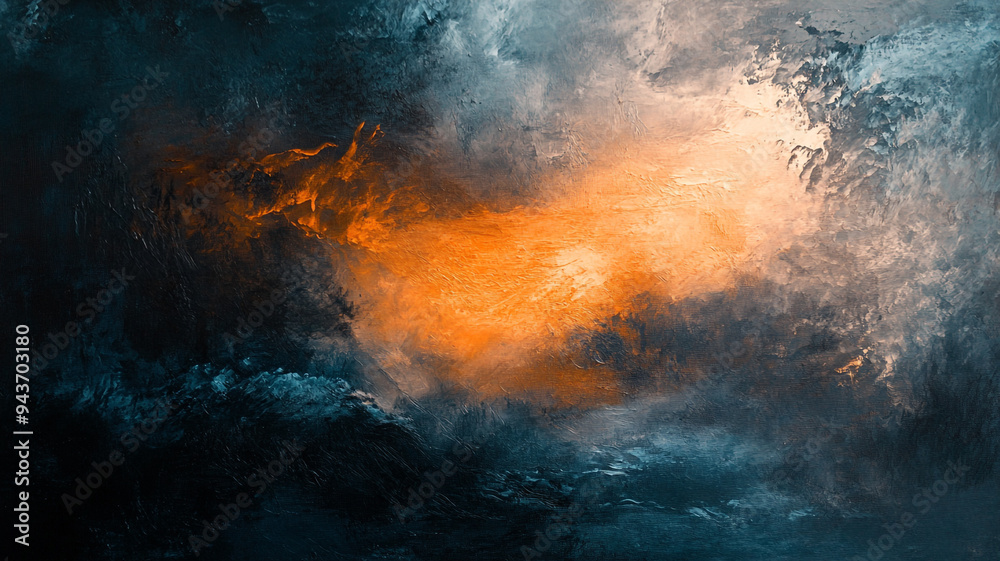 Abstract representation of turbulent waves and fiery colors blending in an ocean-inspired artwork during twilight hours