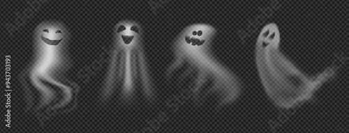 Translucent ghosts for Halloween decor. Vector isolated set of spirits with funny faces, apparitions and poltergeists for autumn holiday. Blurry undead eerie personages for haunted house