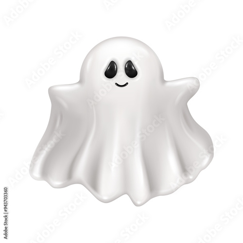 Ghost personage for Halloween holiday celebration. Vector poltergeist with smiley face, 3D isolated supernatural character for haunting house spooking monster or decoration
