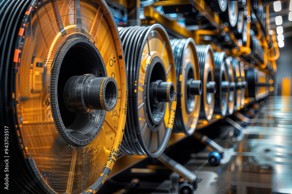 High-Tech Cable Reels. Close-up of orange and black cable drums in a modern, high-tech manufacturing facility with reflective surfaces and advanced equipment. High-Tech Cable Reels. Close-up of orange and black cable drums in a modern, high-tech manufacturing facility with reflective surfaces and advanced equipment.