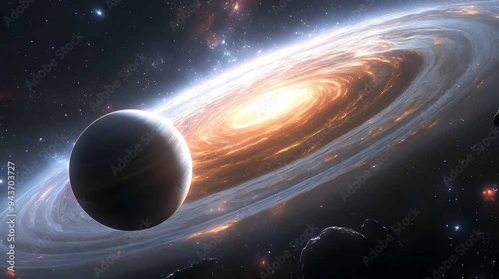A lone planet orbits a luminous spiral galaxy in a deep space scene.