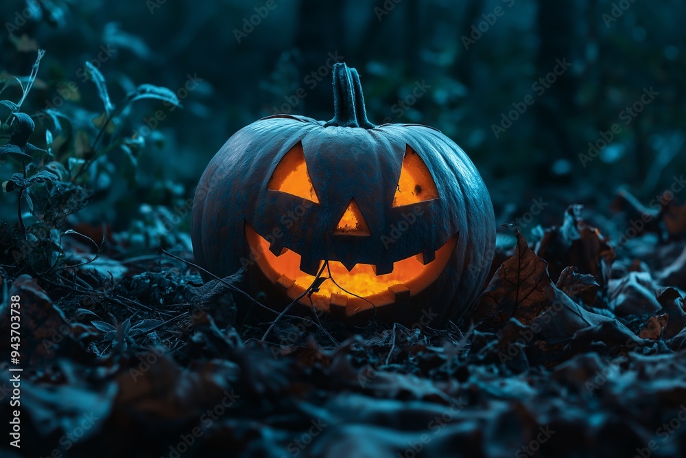 A close-up of a glowing jack-o'-lantern sitting amidst fallen leaves in a dark and eerie forest, illuminating the surroundings. A close-up of a glowing jack-o'-lantern sitting amidst fallen leaves in a dark and eerie forest, illuminating the surroundings.