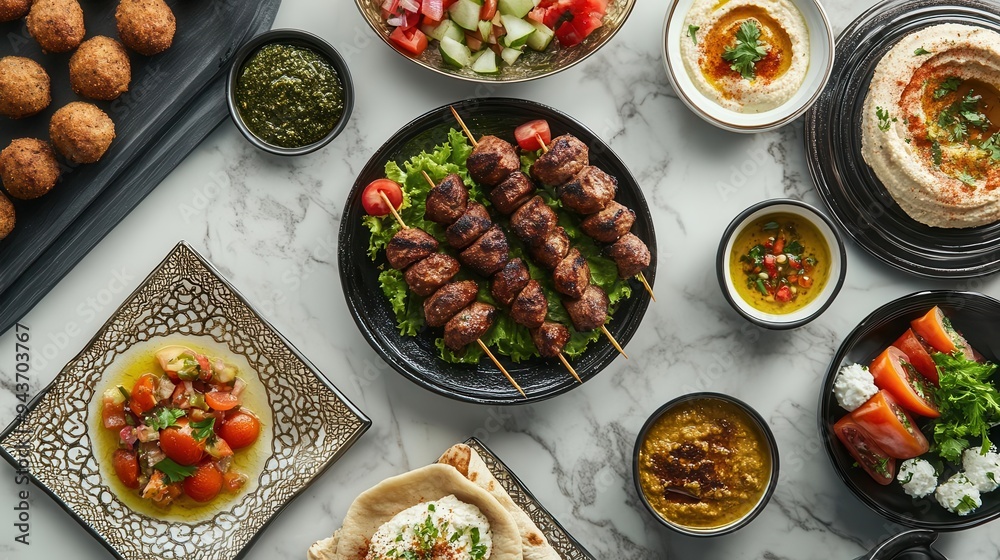 A table with a variety of Arabic food items including hummus, pita bread, and meat skewers