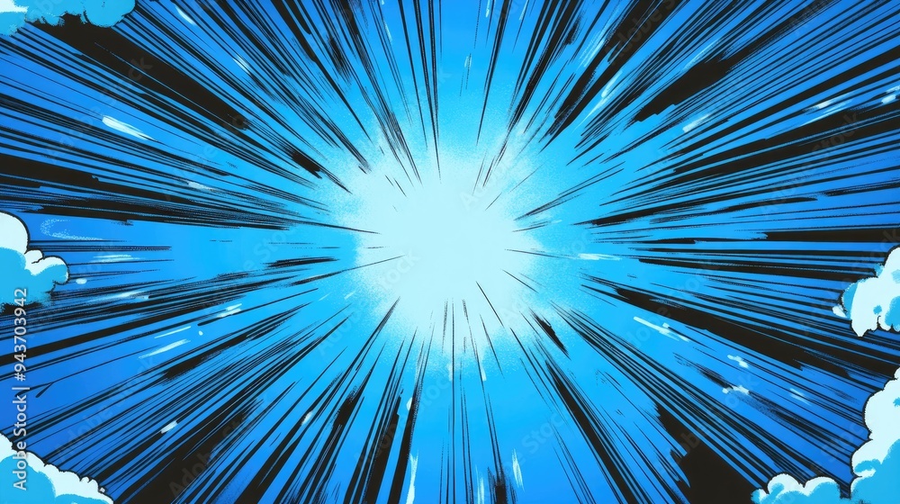 Explosion boom sunburst blue anime manga graphics cartoon. Blue speed comic style background Explosion boom sunburst blue anime manga graphics cartoon. Blue speed comic style background