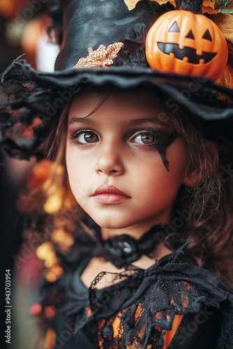 A girl dressed as a witch, wearing a pumpkin hat and detailed face makeup, embodies the Halloween spirit.