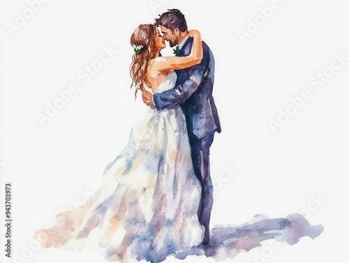 Beautiful watercolor painting of a couple embracing in a romantic wedding dance, capturing love and joy in soft colors.