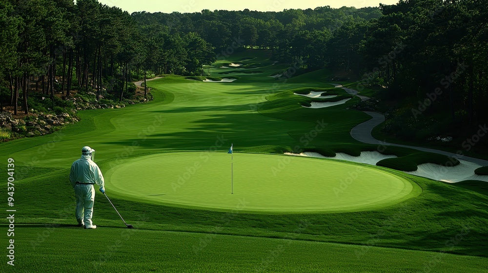 Fototapeta premium A golfer prepares to putt on a lush green course surrounded by trees, capturing the essence of a serene golfing experience.