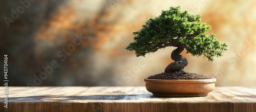 Bonsai Chamaecyparis pisifera Squarrosa dumosa positioned on a wooden table. with copy space image. Place for adding text or design photo