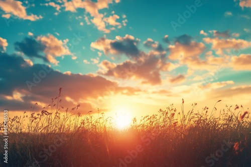 A captivating sunrise over a grassy field with scattered clouds, capturing the essence of a new day's serene beginning.