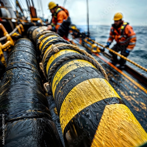 Offshore Cable Laying. Workers on a ship deck handling large yellow and black striped subsea cables in rough sea conditions.