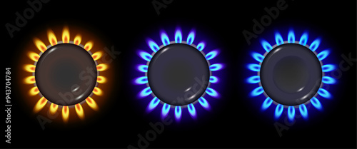 Gas burners top view, isolated set of realistic hobs with yellow and blue flames. Vector kitchen appliances for preparing meal and cooking at home. Economic technology for boiling and heat
