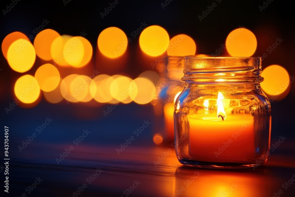 A glowing candle in a glass jar, surrounded by soft bokeh lights, creating a warm and inviting atmosphere.