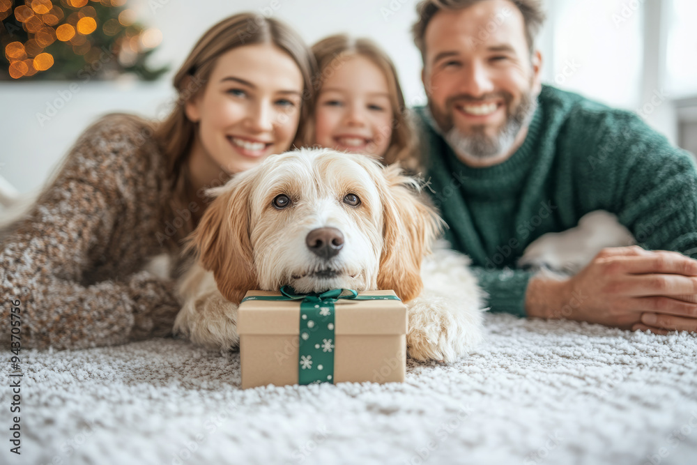A happy family with their dog, holding up gift boxes for Christmas, and lying on the carpet, the family is smiling & looking into the camera, isolated blurred background with christmas decorations. A happy family with their dog, holding up gift boxes for Christmas, and lying on the carpet, the family is smiling & looking into the camera, isolated blurred background with christmas decorations.