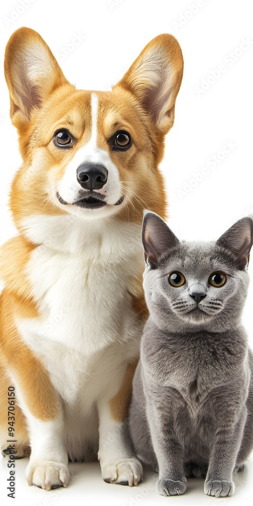A Corgi Dog and a British Shorthair Cat Posed Together in a Minimalist Studio Setting with a White Background. Marketing Banner for Pet Shop, Veterinary Clinic. A Corgi Dog and a British Shorthair Cat Posed Together in a Minimalist Studio Setting with a White Background. Marketing Banner for Pet Shop, Veterinary Clinic.