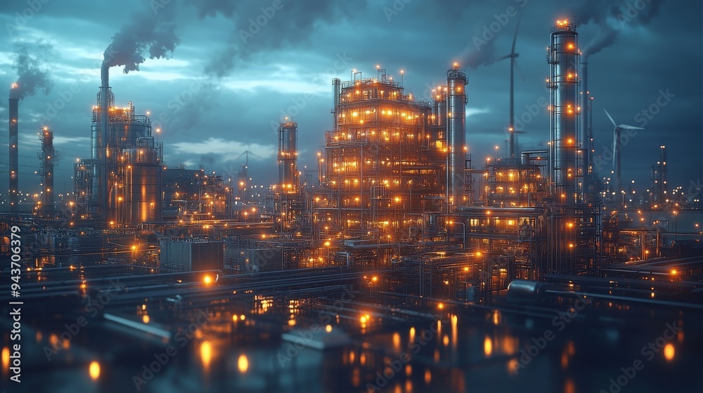 Fototapeta premium A hybrid renewable energy facility showcases energy flow with illuminated structures against a cloudy dusk sky.