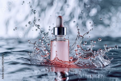 A splash of water with niacinamide serum bottle in the center, emphasizing hydration and freshness photo