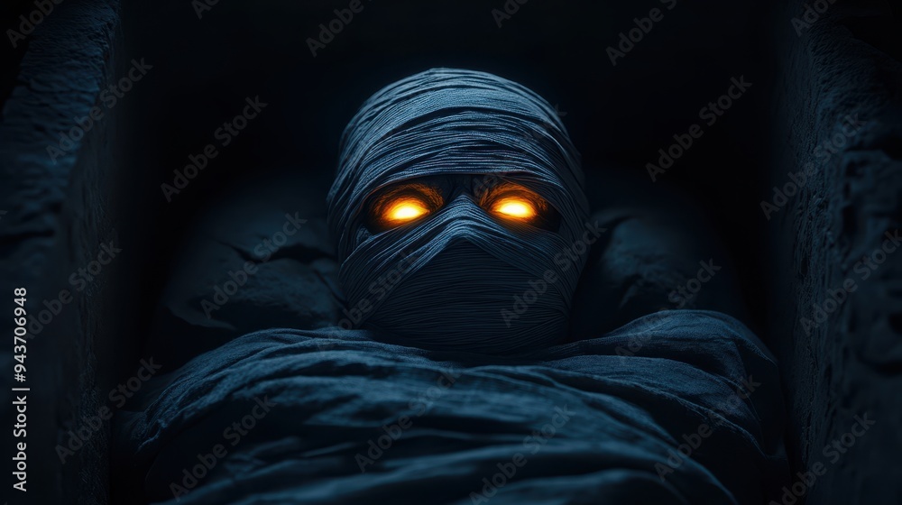 A mysterious, glowing-eyed mummy wrapped in dark linen, resting in an ancient tomb, evoking intrigue and the supernatural. A mysterious, glowing-eyed mummy wrapped in dark linen, resting in an ancient tomb, evoking intrigue and the supernatural.