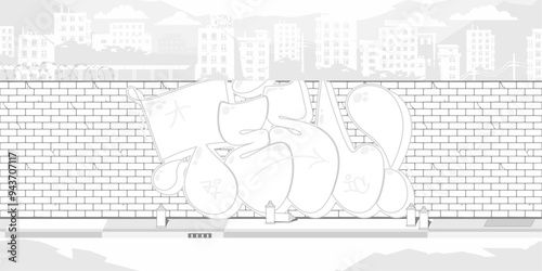 Trendy Brick Wall With Street Art Graffiti Drawing Coloring Page With Background Of The Cityscape