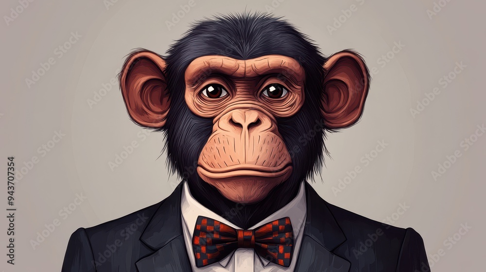 A sophisticated monkey wearing a suit and bow tie, blending humor with elegance in a surreal, artistic portrait. A sophisticated monkey wearing a suit and bow tie, blending humor with elegance in a surreal, artistic portrait.