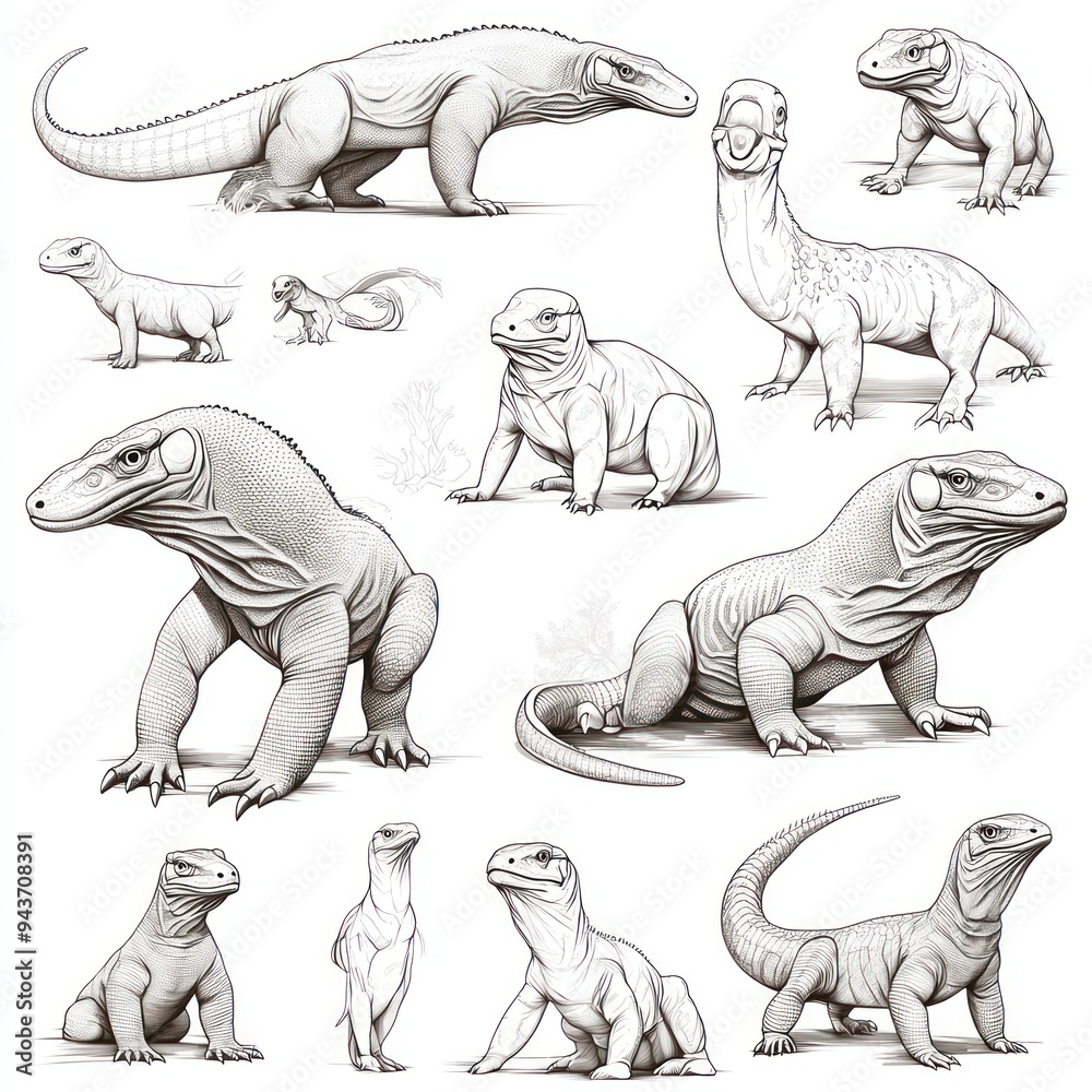 Naklejka premium A collection of illustrated prehistoric reptiles and synapsids in various poses.