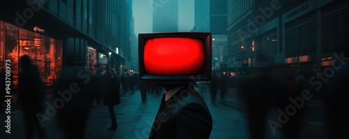 A surreal figure with a vintage TV for a head stands amidst a crowd in a dynamic urban environment, highlighting contrast and isolation. photo