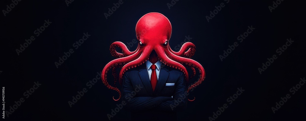 Naklejka premium A surreal octopus dressed in a suit, blending elegance with marine elements in a dark, moody atmosphere.